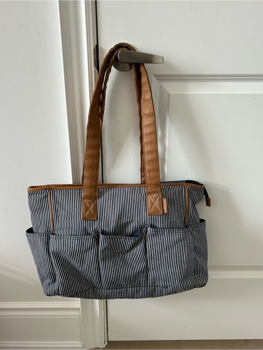 Striped Utility Tote with Brown Faux-Leather Handles
